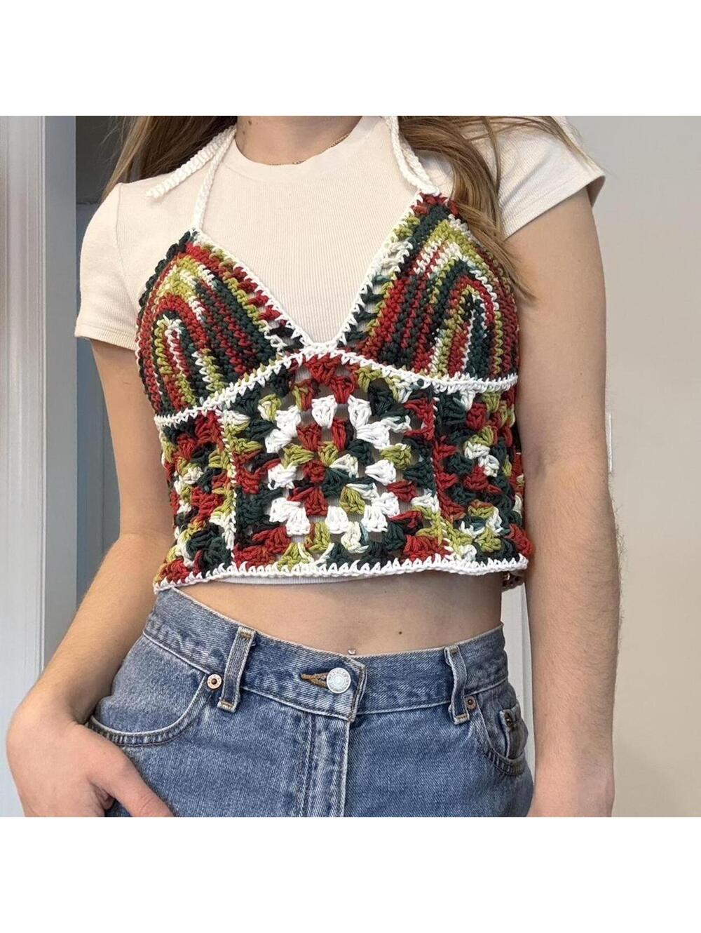 Green, Teal, Red and White hand crocheted triangle halter crop top.